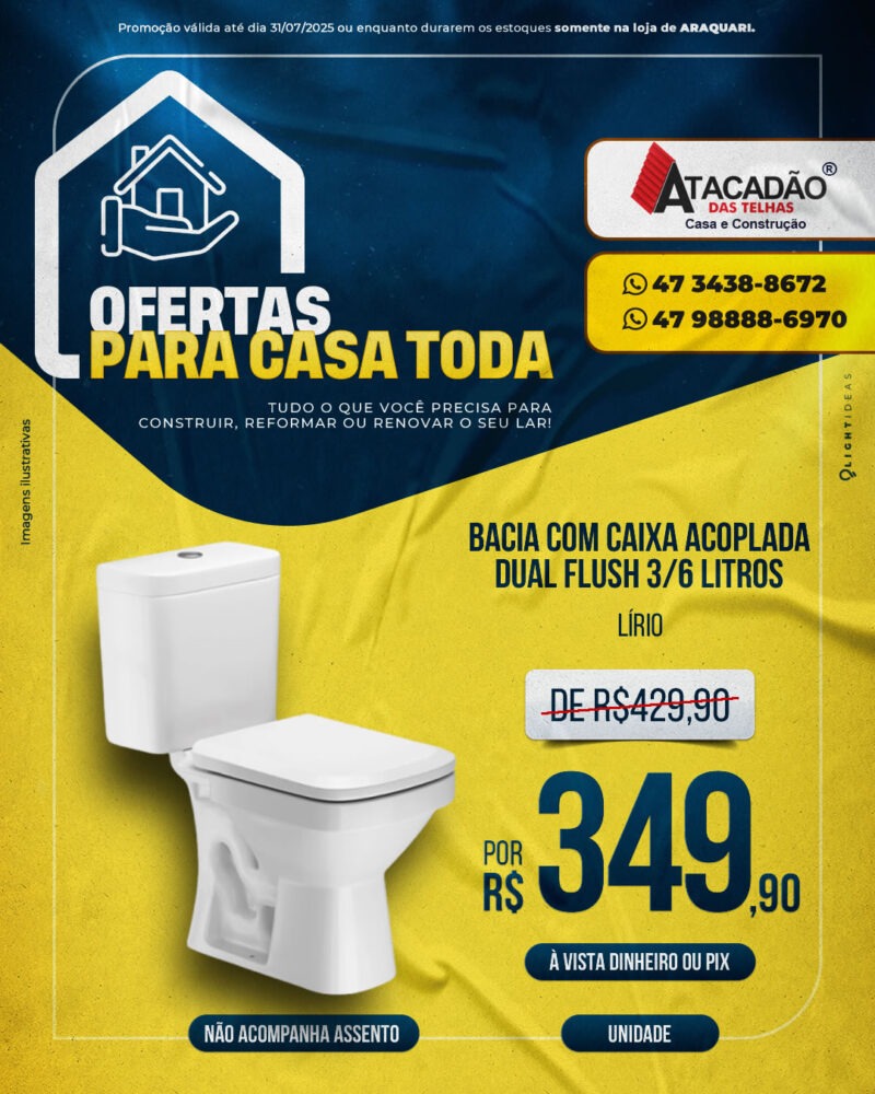 BACIA COM CAIXA ACOPLADA DUAL FLUSH 3/6 LITROS